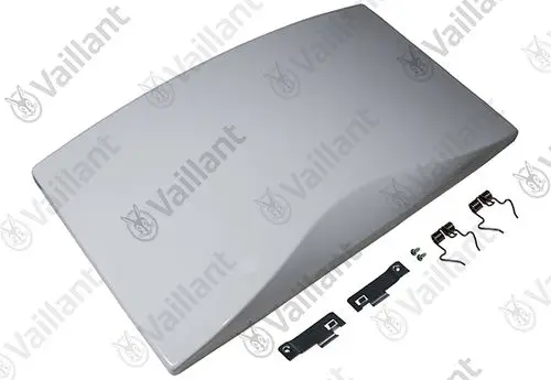 Vaillant Abdeckung in Weiß mit zwei seitlichen Halterungen und Befestigungselementen. Geeignet zur Verkleidung von technischen Geräten oder Anschlüssen.